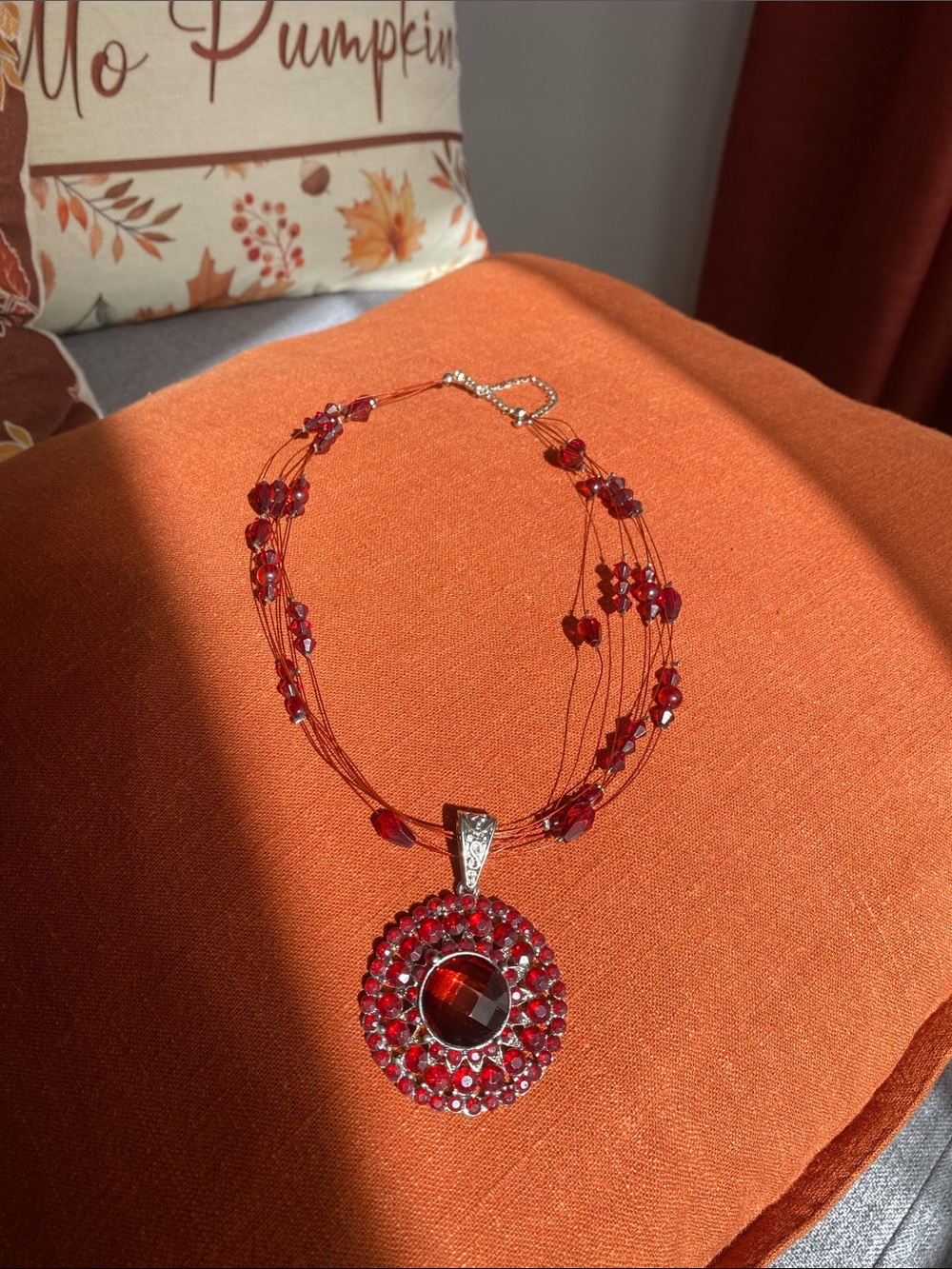 Red Crystal Pendant Multi-Strand Necklace
